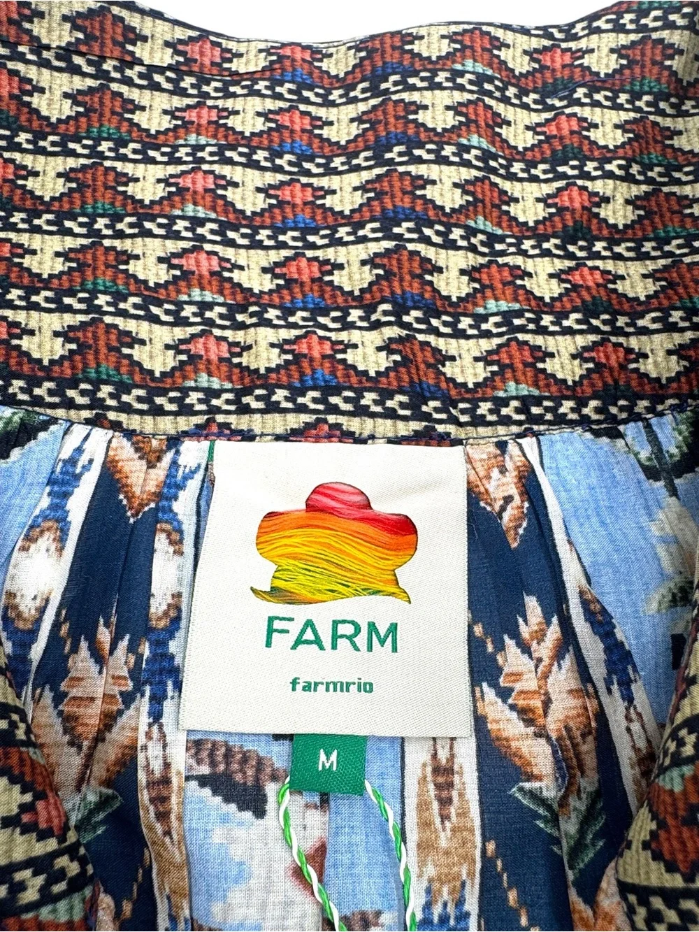 NWT FARM Rio Embroidered Tapestry Blue Short Sleeve Blouse Size Medium